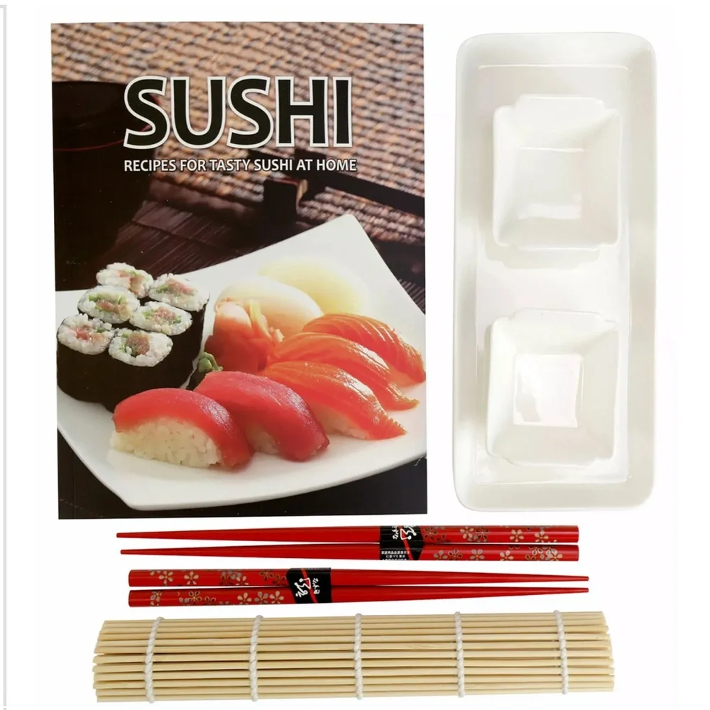 Intro To Sushi Kit Recipe Book, Serving Set, Chopsticks, Bamboo Roller NIB